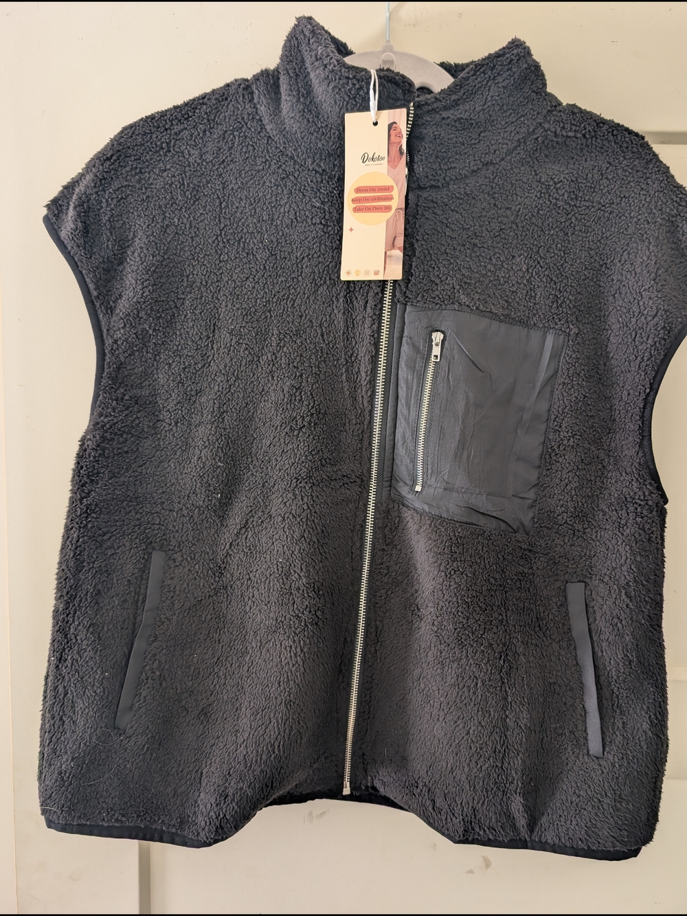 Women's Black Sherpa Zip-Front Vest with Chest Pocket